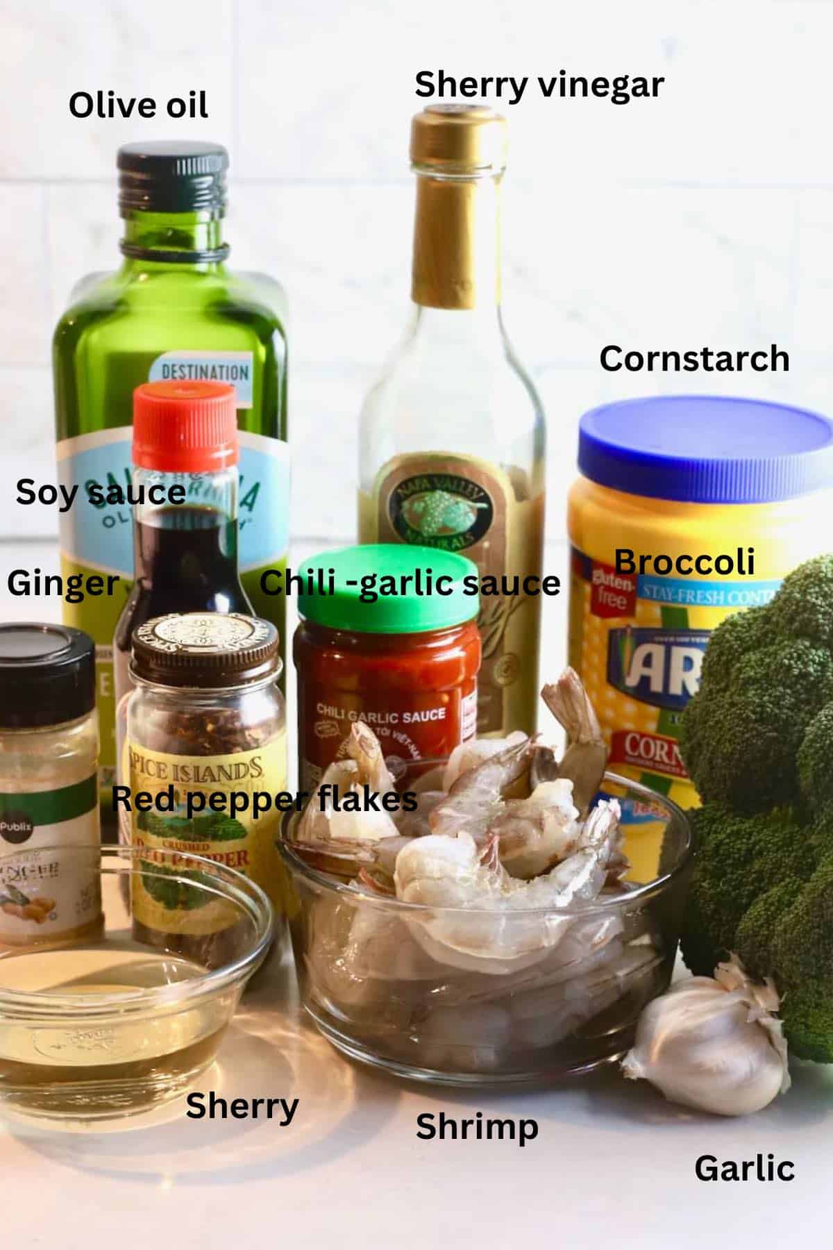 Ingredients for a stir-fry including broccoli, shrimp, sherry and cornstarch. 