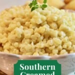 Pinterest pin showing a big bowl of creamed corn garnished with fresh thyme.