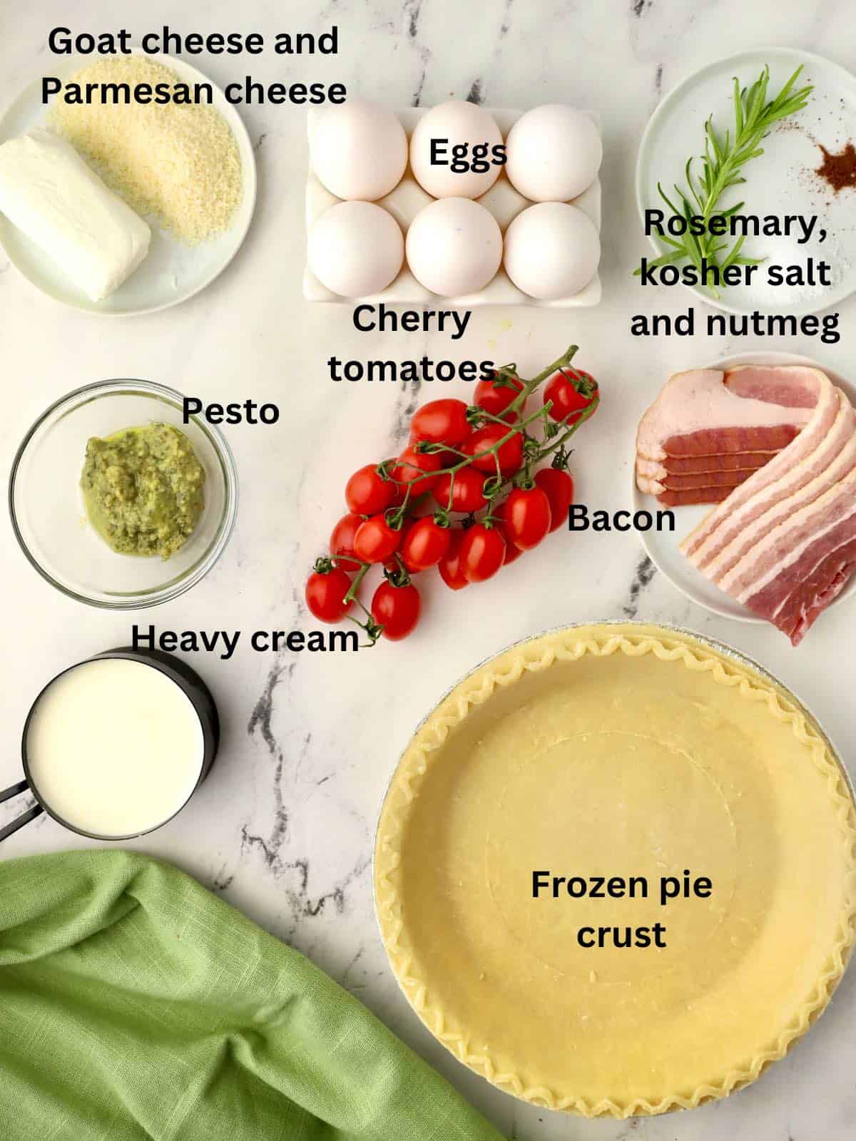 Ingredients for a quiche including eggs, cream, and a pie crust. 