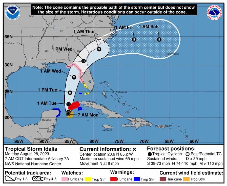 A NOAA hurricane map showing the likely path of Tropical Storm Idalia.