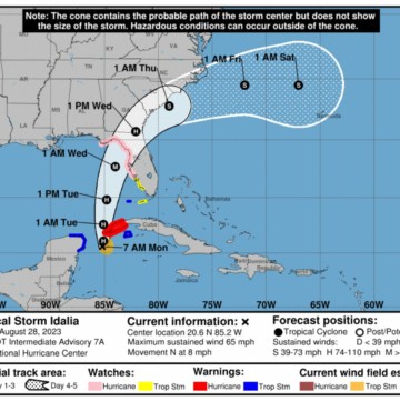 A NOAA weather map showing the track of tropical storm Idalia.
