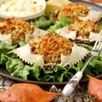 Deviled crab topped with panko and stuffed into a real crab shell.