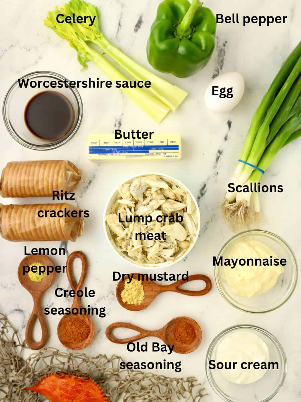 Ingredients for deviled crab include crab meat, Ritz crackers, celery, and Old Bay seasoning. 