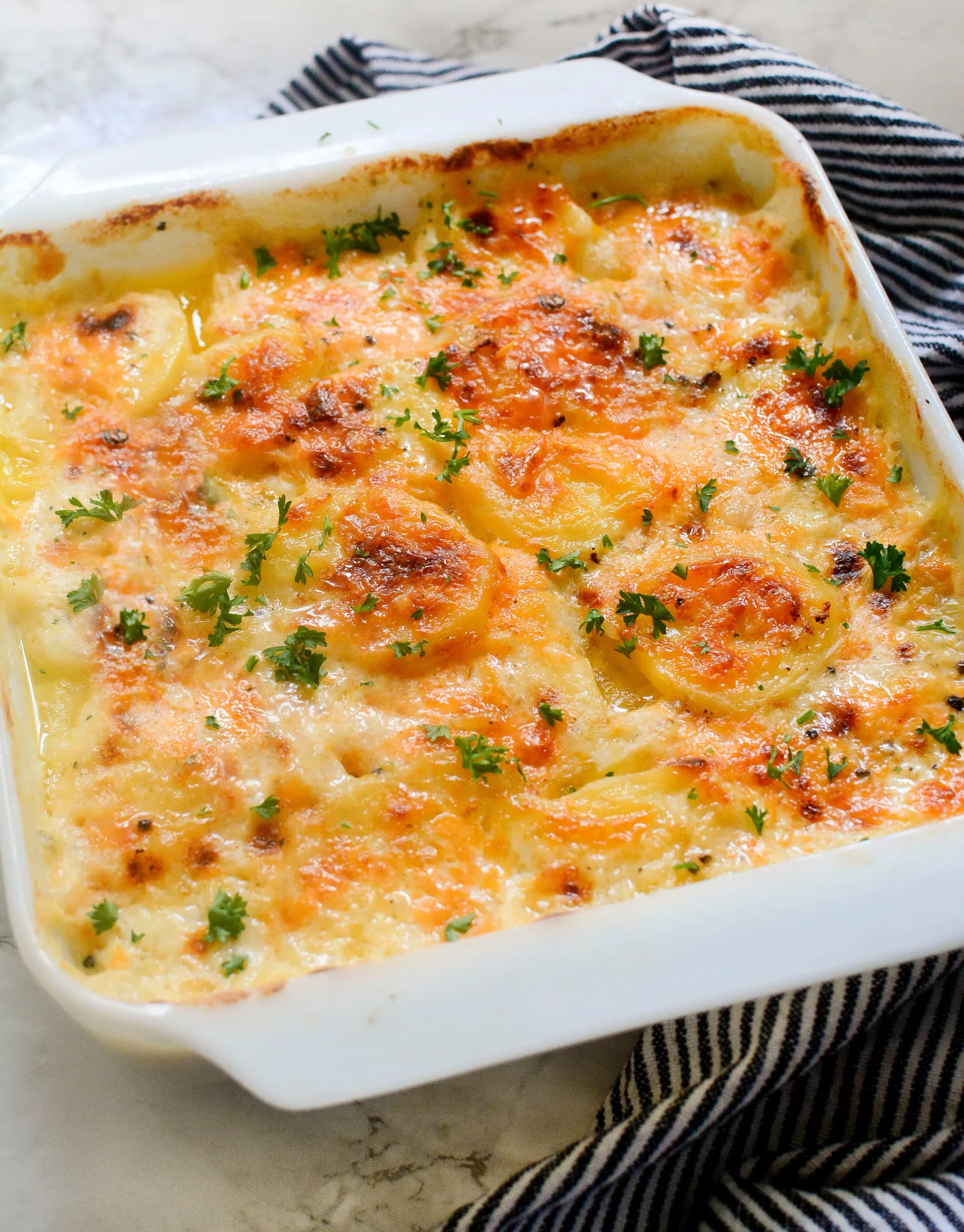 Baked scalloped potatoes in a white baking dish. 