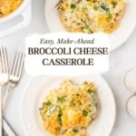 Two individual servings of broccoli cheese casserole on white plates.