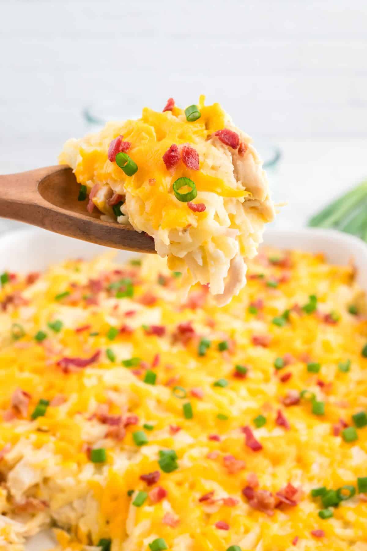 A spoonful of Hash brown chicken casserole.