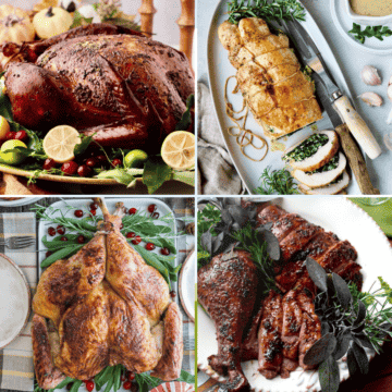 A collage of four turkey recipes, including smoked, roulade, and spatchcocked.