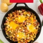 Pinterest pin showing a breakfast skillet cooked in a cast-iron pan.