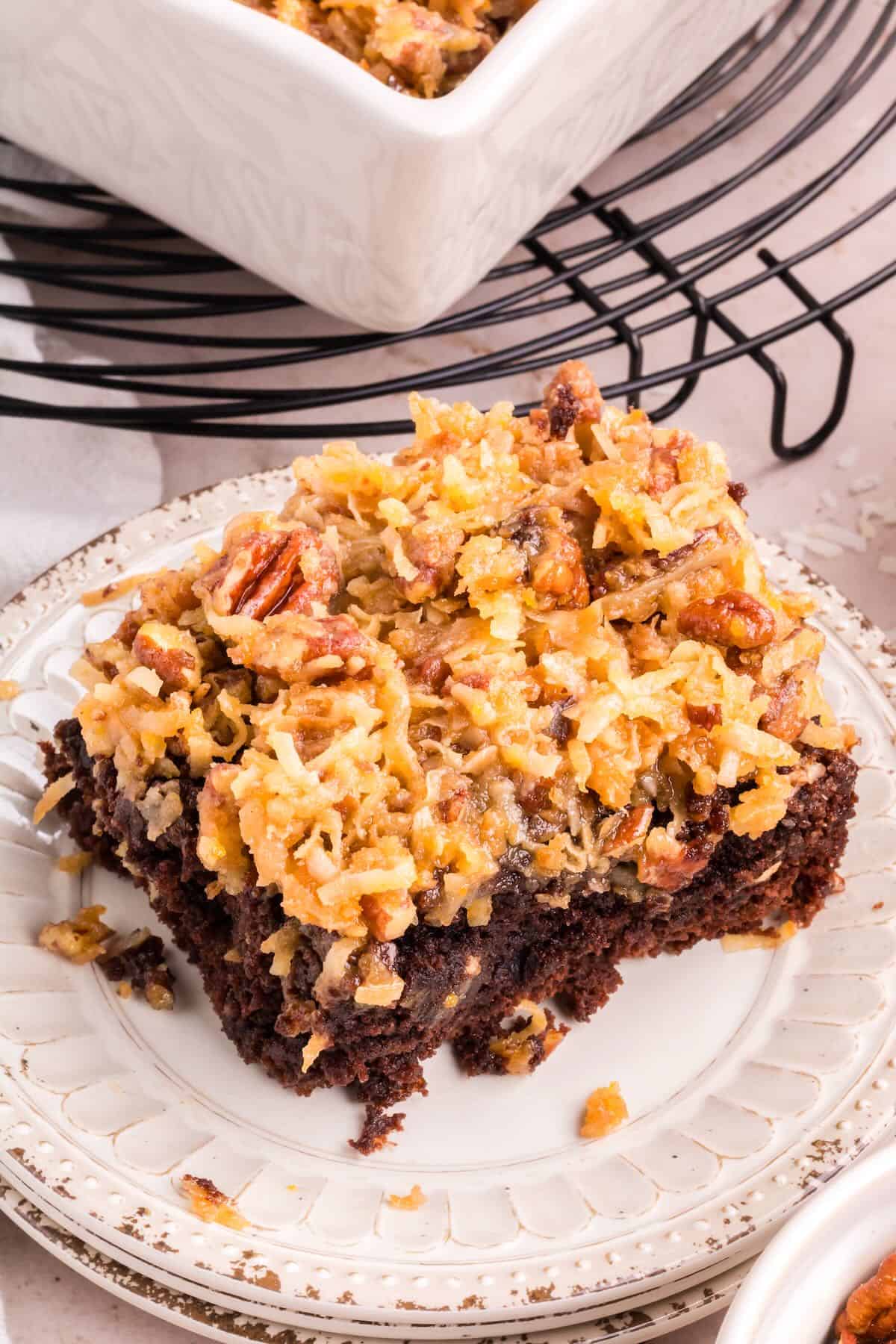 A German chocolate brownie covered with a coconut and pecan topping. 