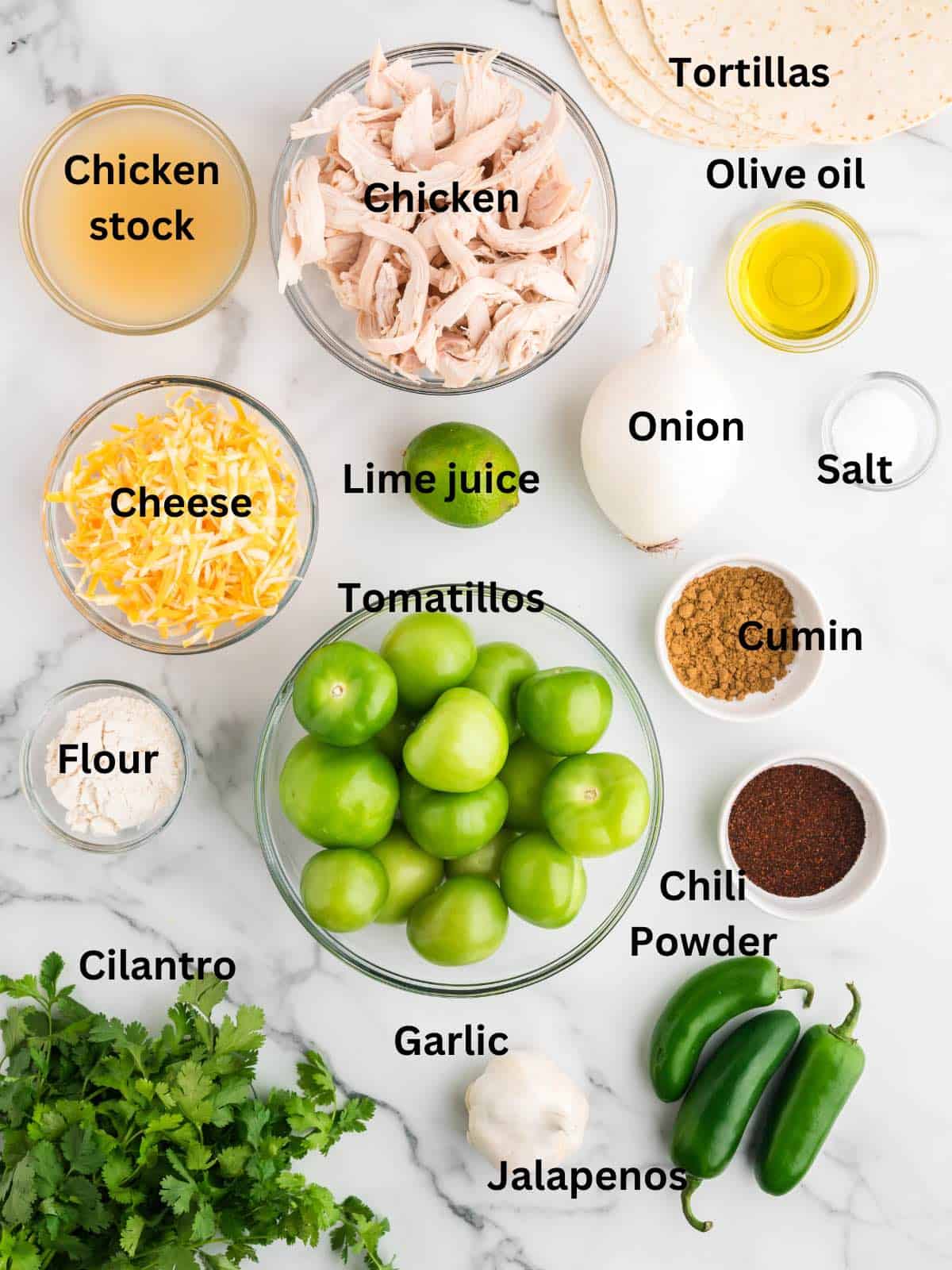 Ingredients for enchiladas include tomatillos, shredded chicken, cheese, and tortillas. 