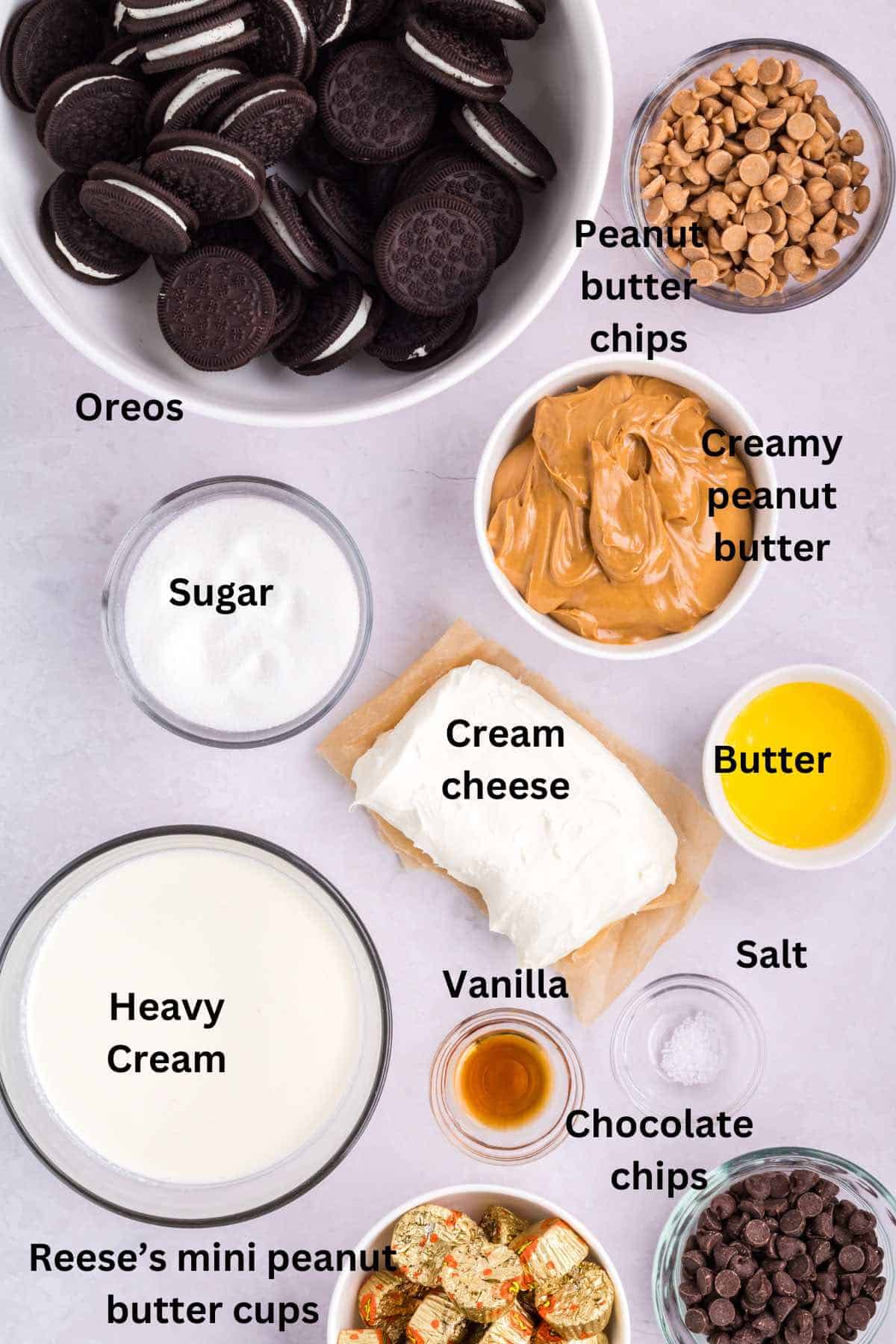 Ingredients for a peanut butter pie include Oreos, peanut butter, and chocolate chips. 