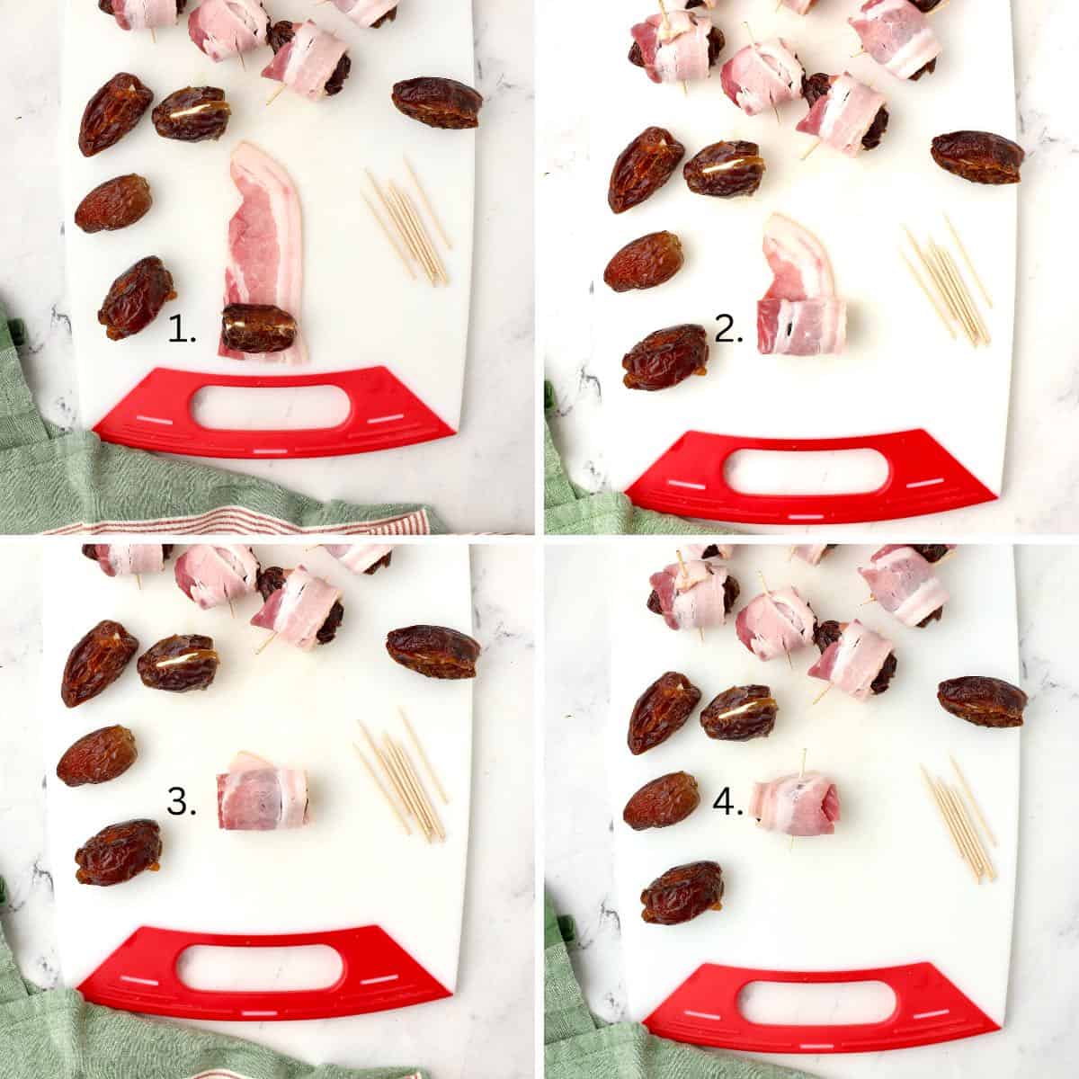 A collage showing four steps to wrap a date in a piece of bacon. 