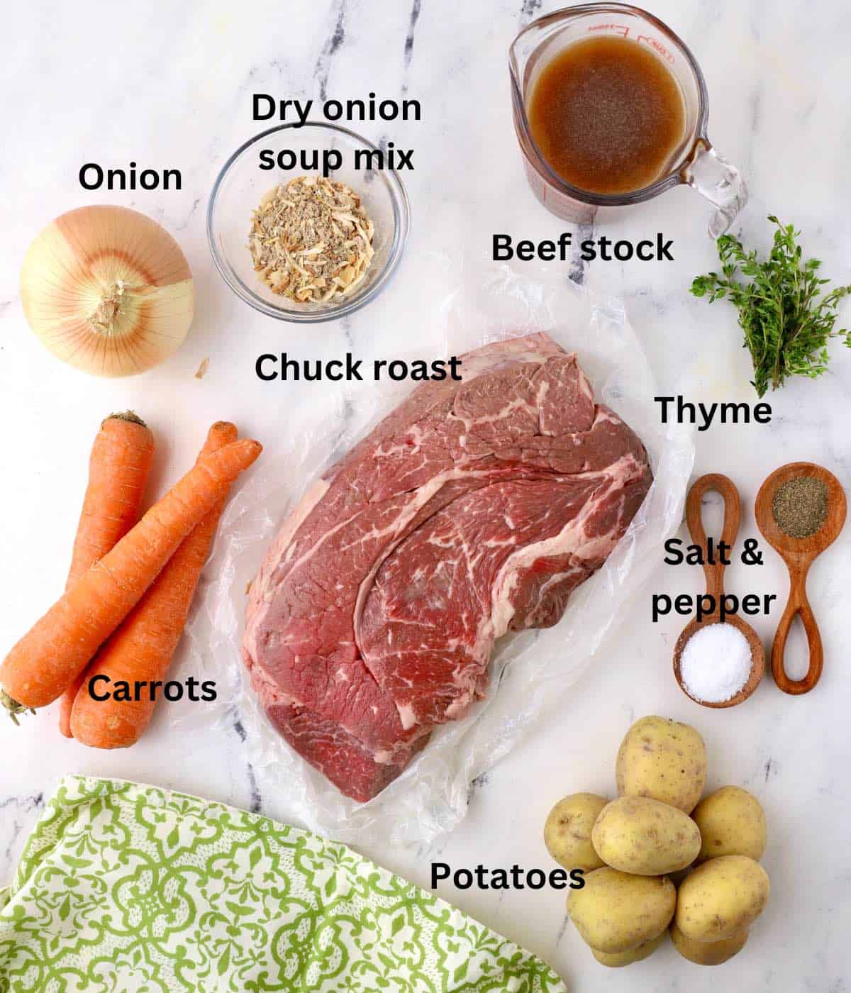 A chuck roast plus beef stock, carrots and potatoes to make pot roast. 