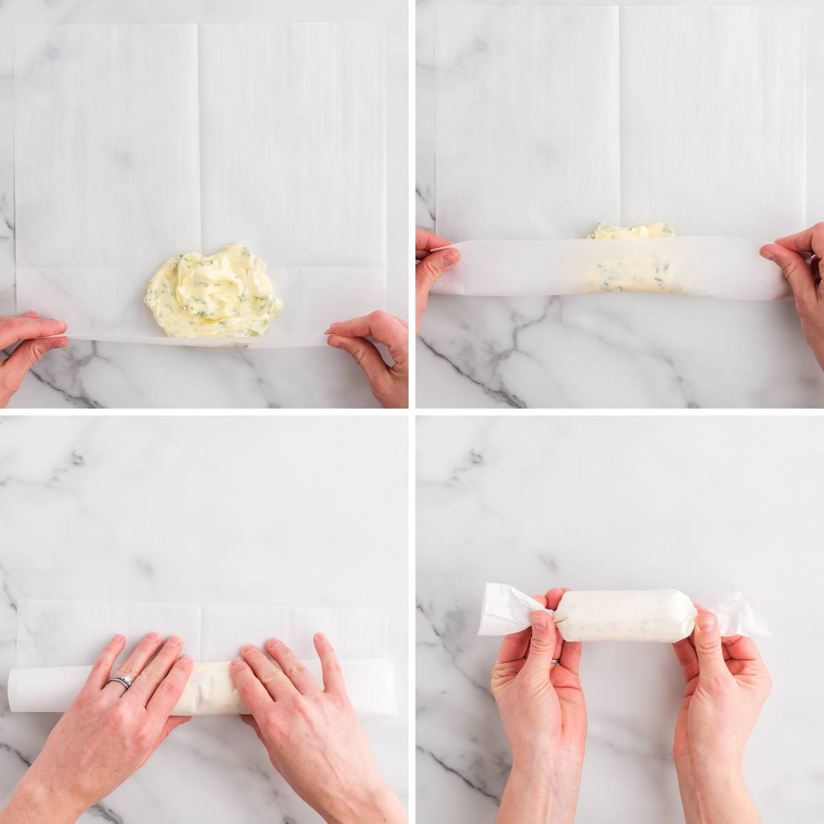 Four steps to adding soft butter to a piece of wax paper and rolling it up. 