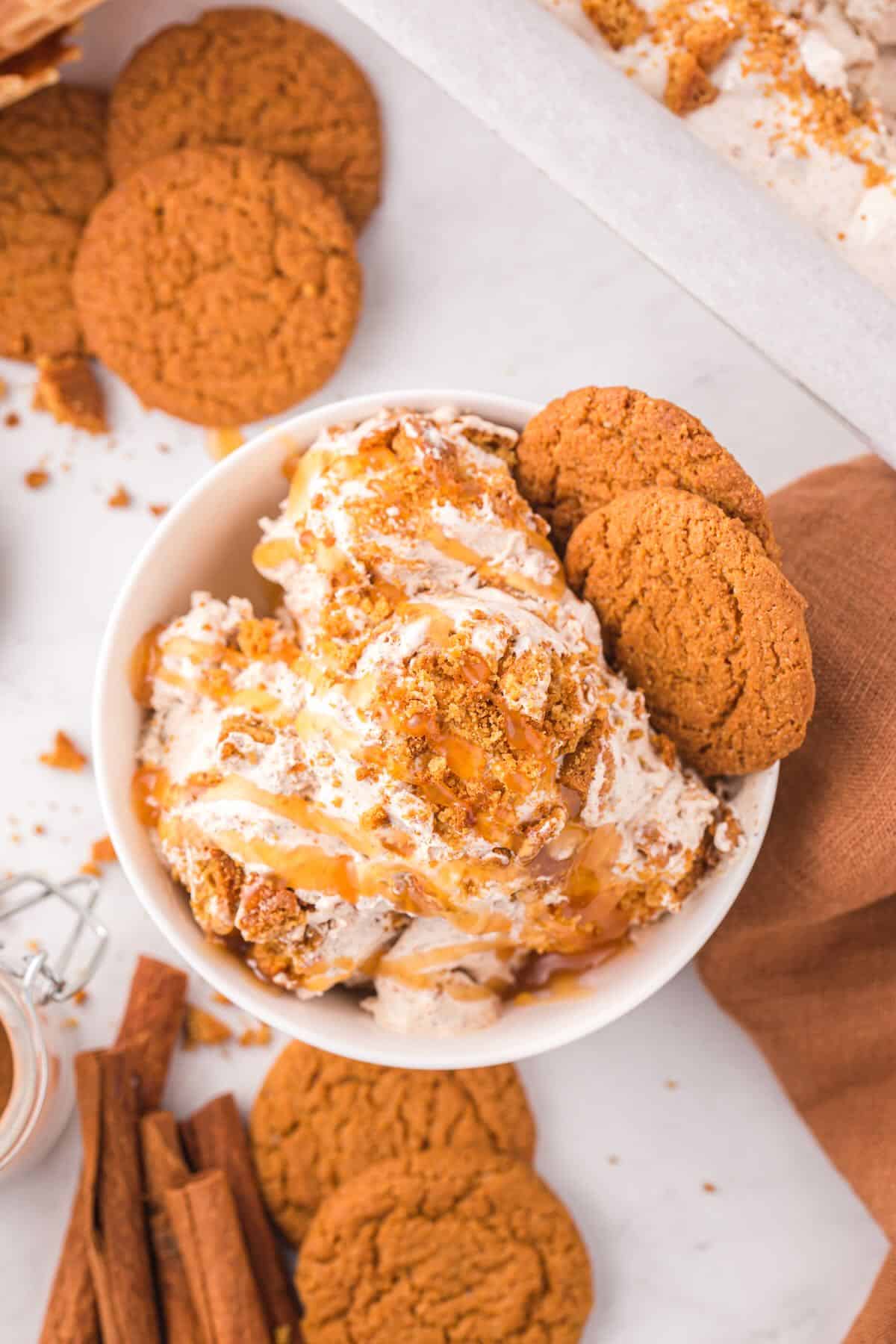 A white bowl full of gingerbread cookie ice cream, garnished with cookie crumbs and gingersnaps. 