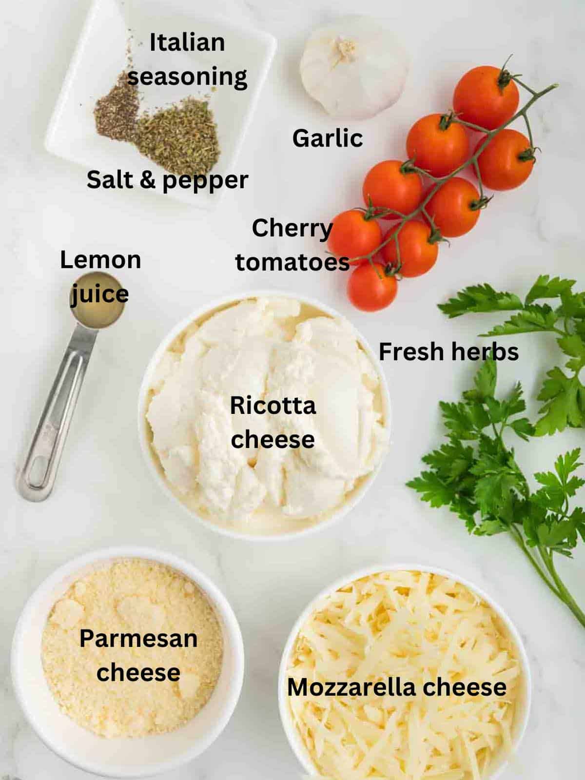 Ingredients for baked ricotta dip include cherry tomatoes, ricotta, mozzarella, and parmesan cheese. 