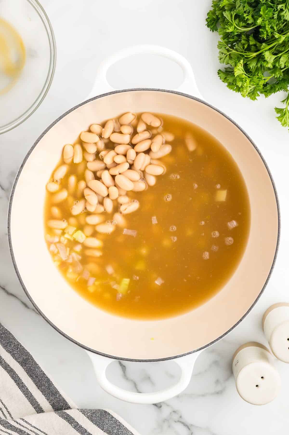 Cannellini beans and chicken stock in a bowl. 