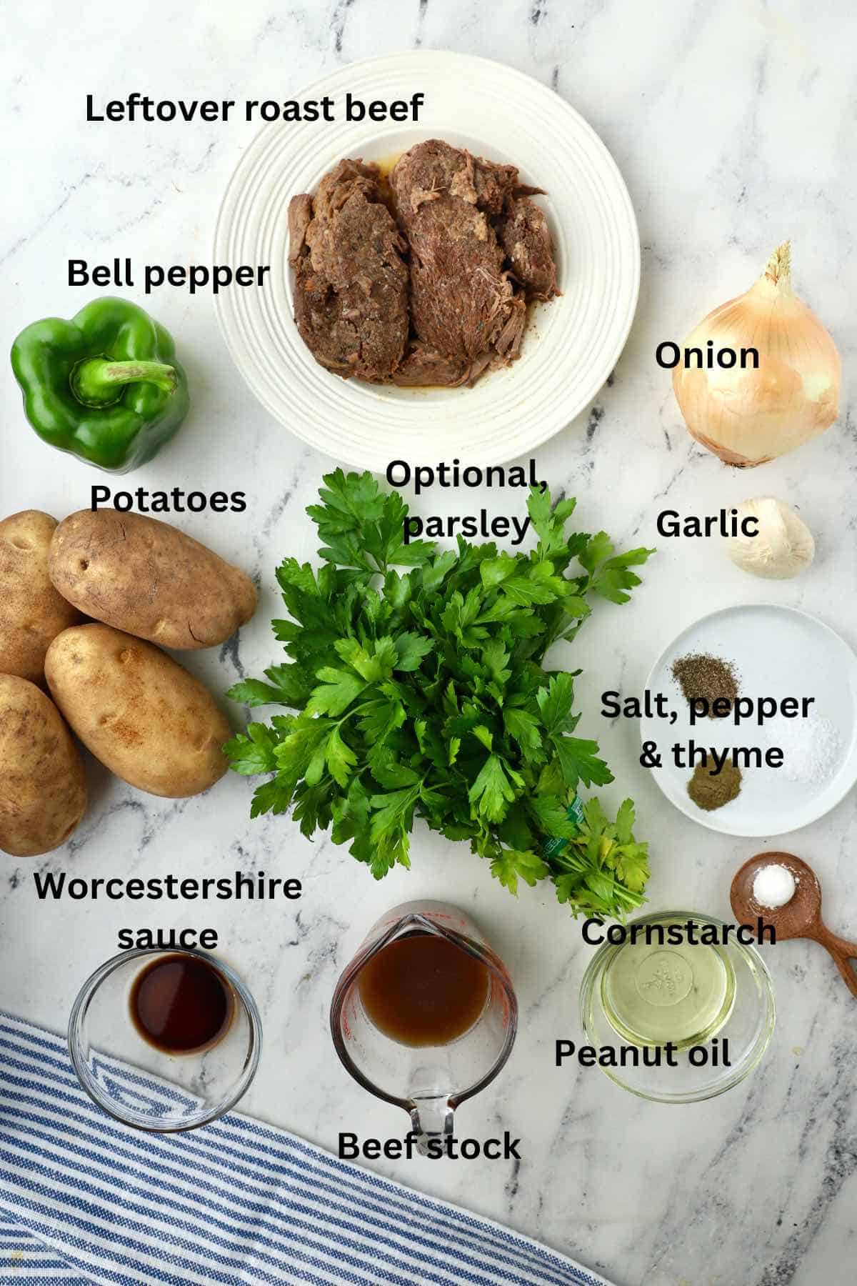 Ingredients for Roast Beef Hash including leftover roast beef, potatoes, and seasonings. 