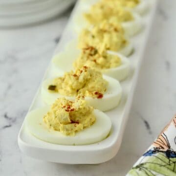 Southern Deviled Eggs garnished with paprika in a long deviled egg holder.