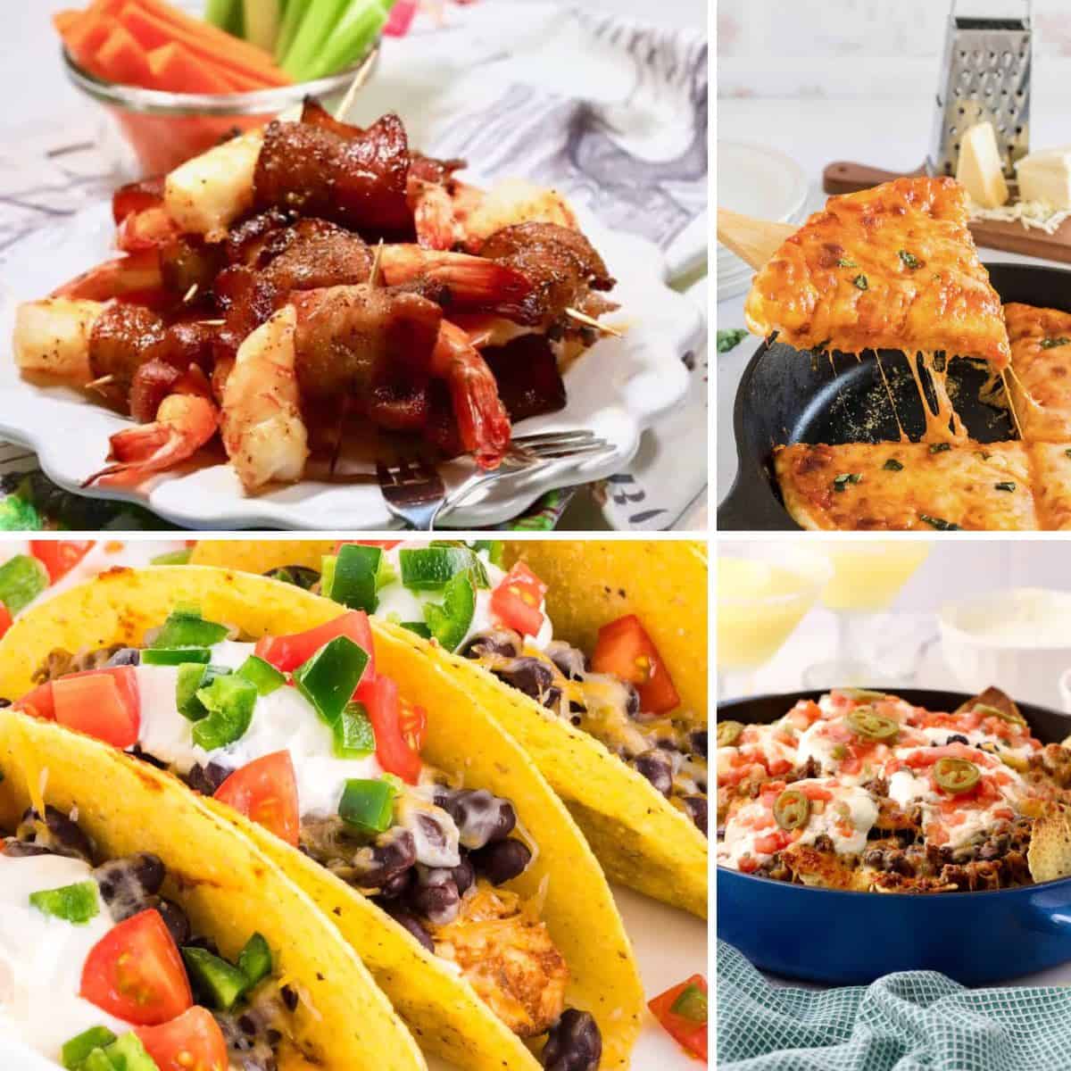 A collage of super bowl snacks including tacos, nachos and bacon wrapped shrimp.