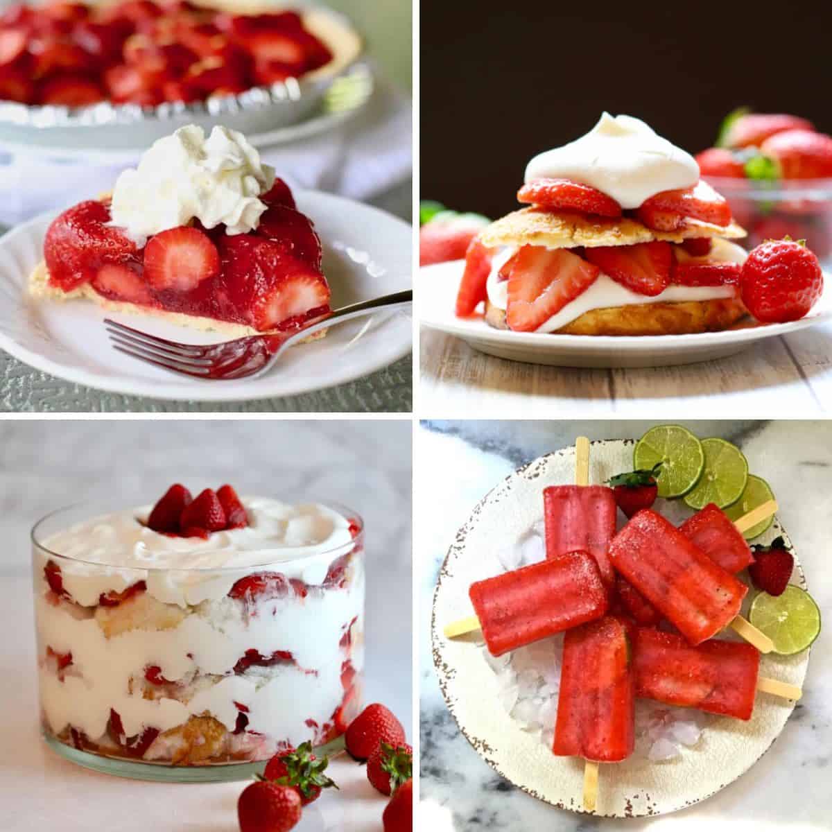 A collage of four strawberry desserts including strawberry shortcake. 