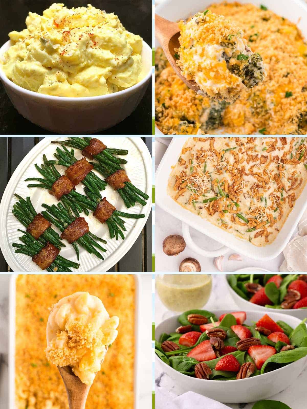 Pictures of 6 Easter side dishes including Spinach Salad, Potato Salad and Broccoli Cheese Casserole.