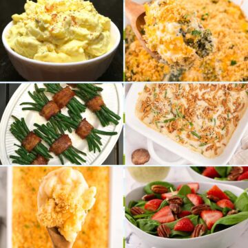 Six Easter Side Dishes including Potato Salad, Broccoli Cheese Casserole, and Mac and Cheese.