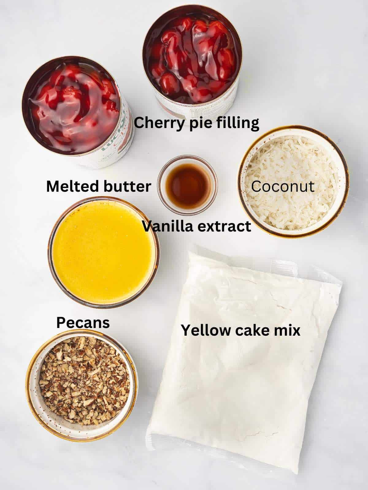 Ingredients for cherry cobbler include canned pie filling and yellow cake mix. 