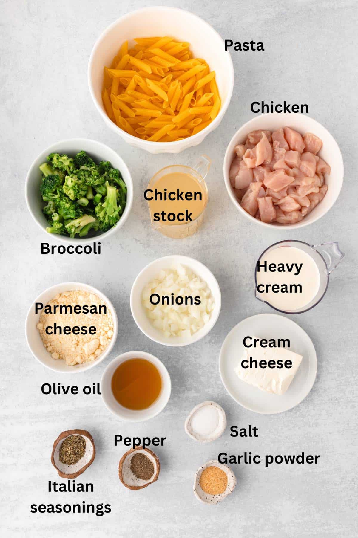 Ingredients for Chicken Broccoli Pasta includes chicken stock, broccoli, heavy cream, and Parmesan cheese.
