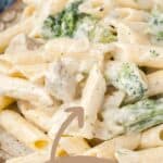 Pinterest pin showing a plate of chicken and broccoli pasta.