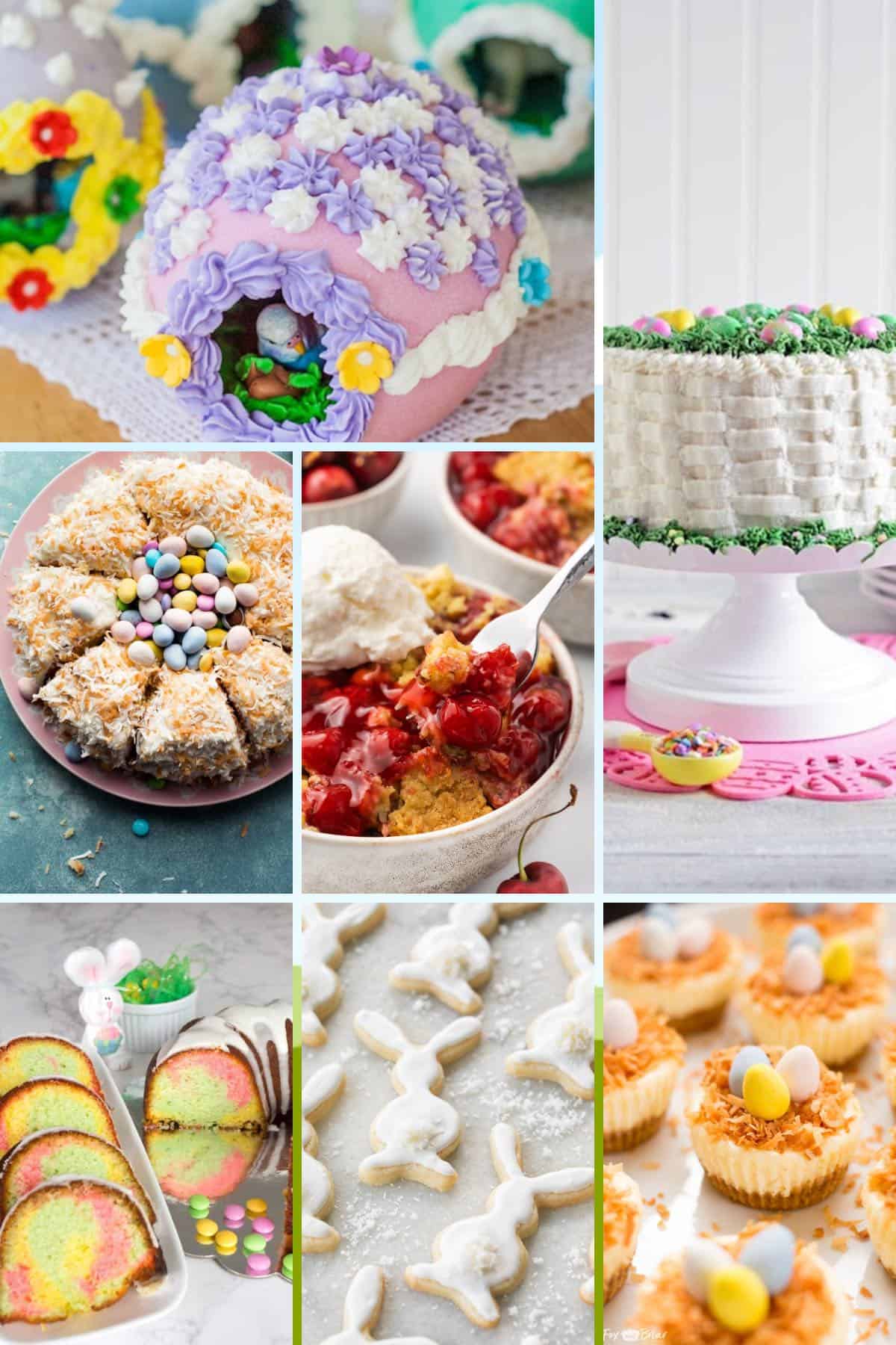 A collage of Easter desserts and treats, including three cakes and Easter Bunny cookies. 