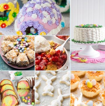 A collage of 8 Easter Desserts and Treats, including Cakes, a Cobbler, and Cheesecake.