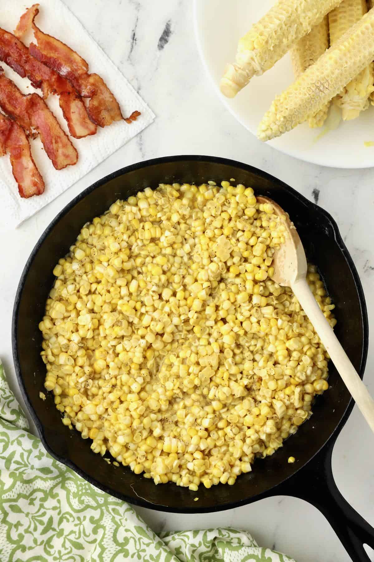 Frying corn in a cast iron skillet. 