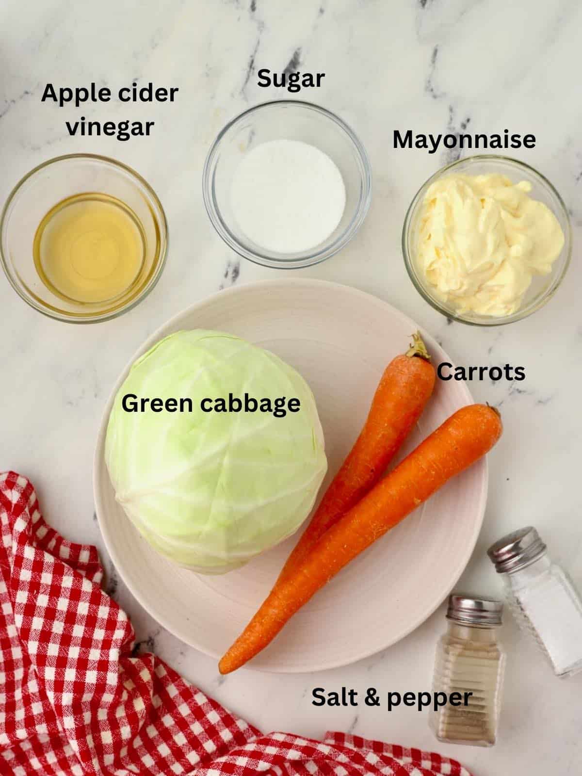 Coleslaw ingredients including a head of green cabbage, carrots and dresssing ingredients