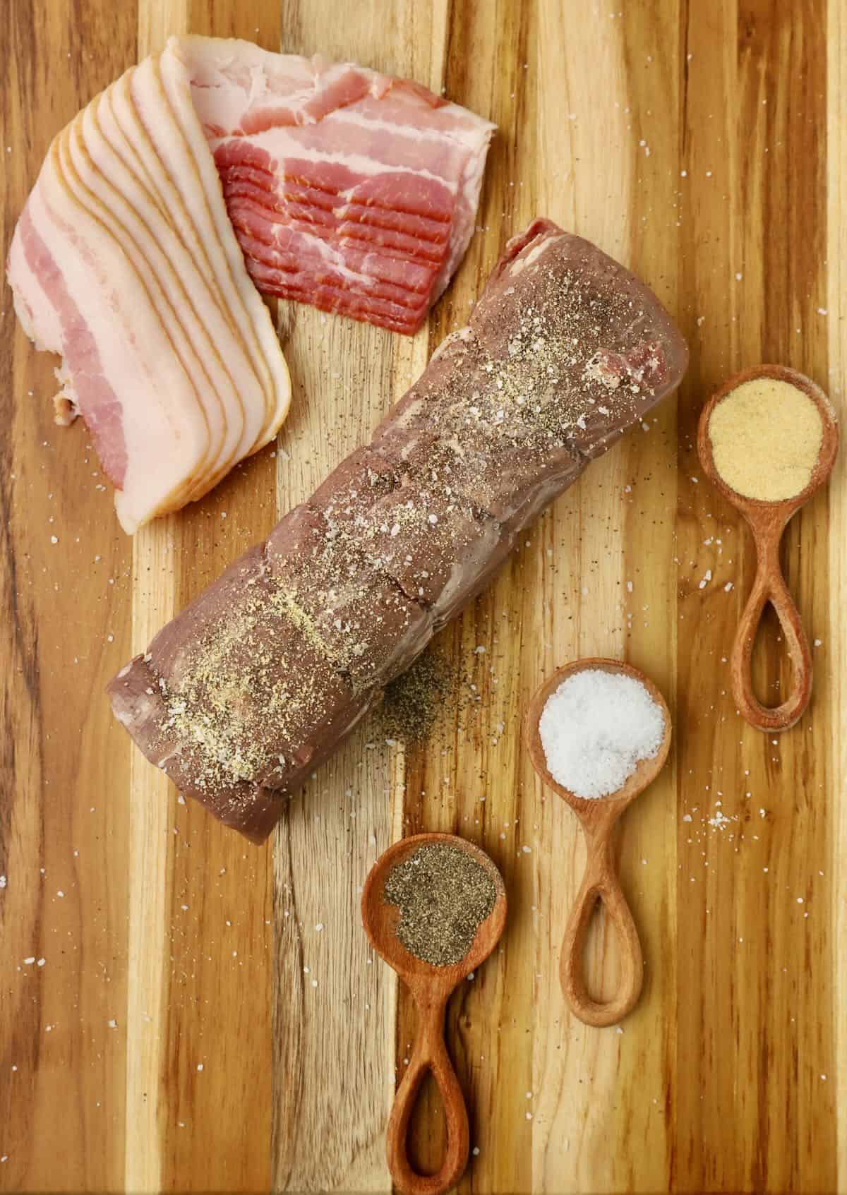 A center-cut beef tenderloin seasoned with salt, pepper, and garlic powder. 