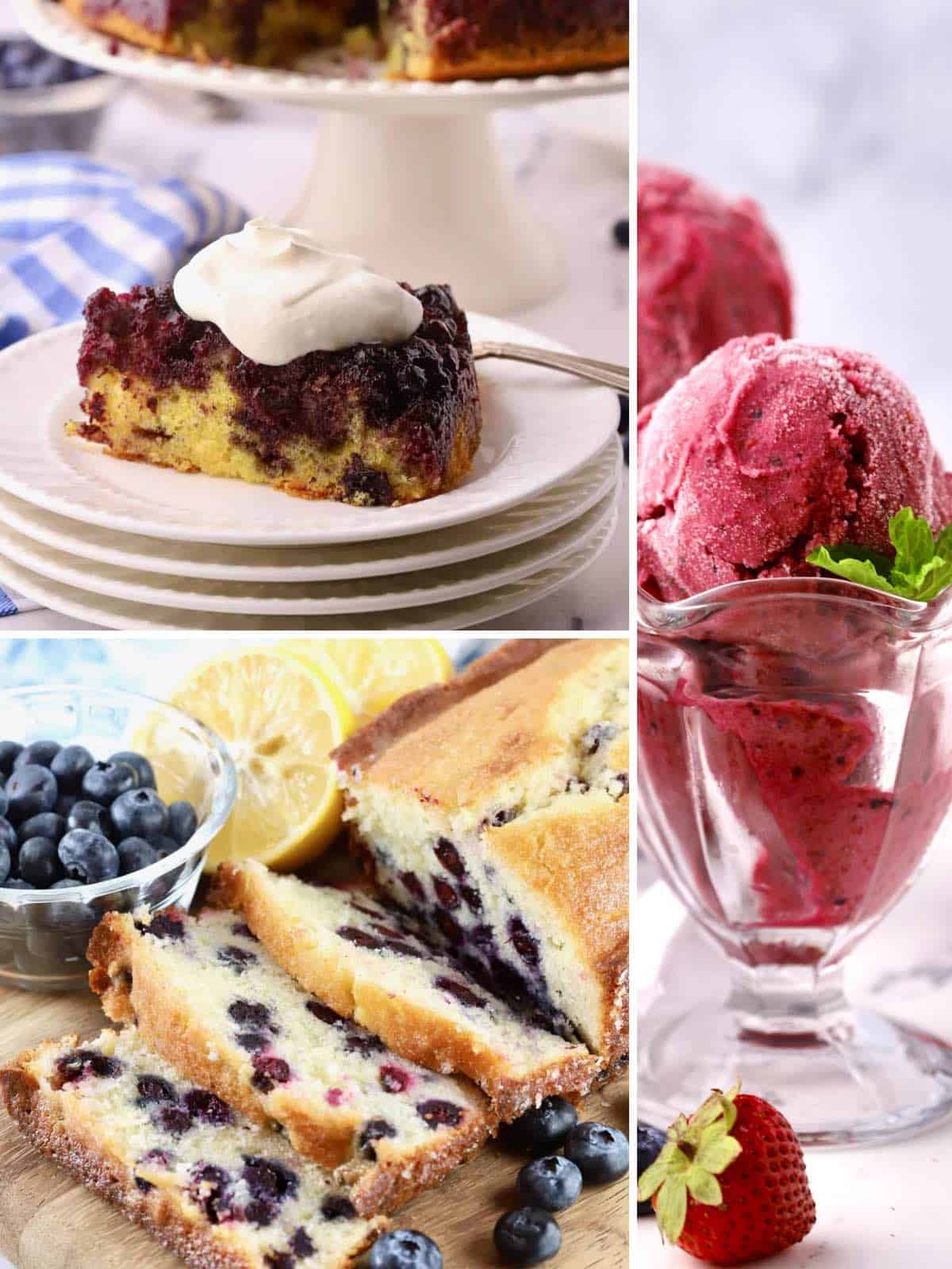 A collage of 3 blueberry recipes including upside down cake, ice cream, and bread.