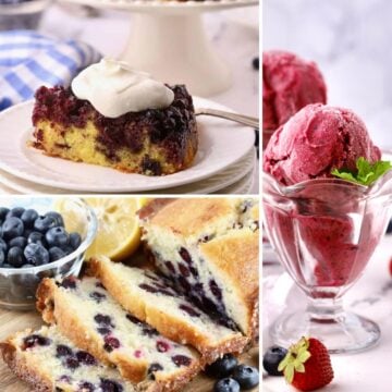 Pictures of 3 blueberry recipes including an upside down cake, ice cream, and bread.