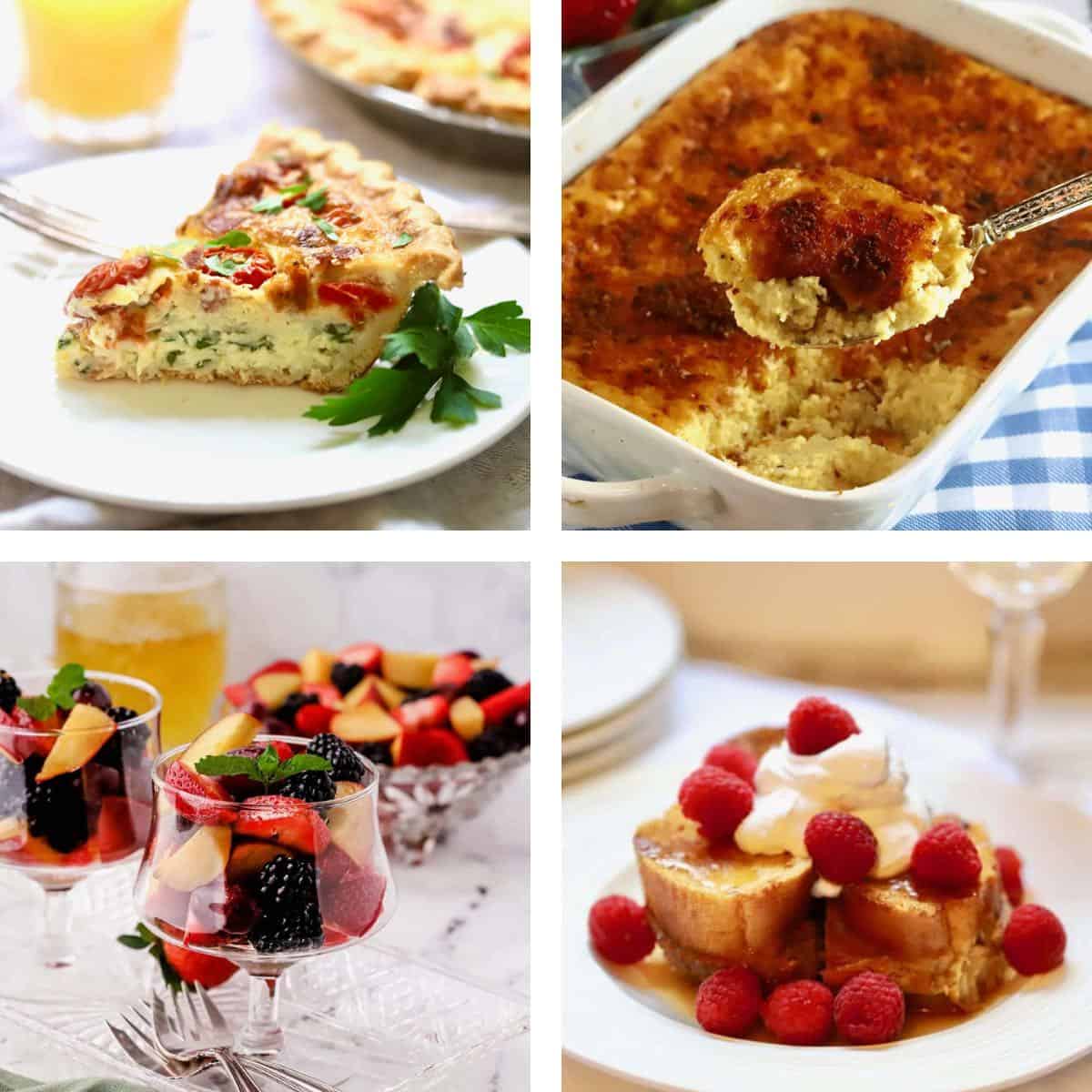 Four brunch dishes, including quiche, fruit salad, and grits casserole. 