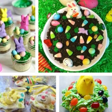 Four Easter Treats, including a Chocolate dip topped with Peeps and jelly beans.