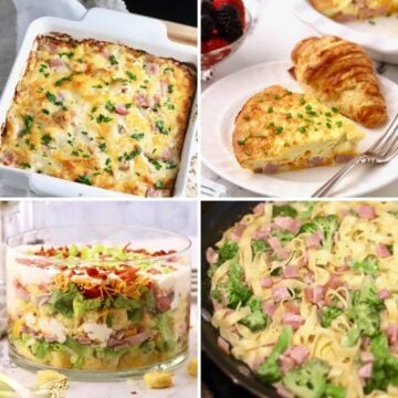 Four dishes including a quiche, salad and two casseroles made with leftover ham.