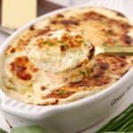 A large spoonful of parmesan potatoes au gratin over a white gratin dish.