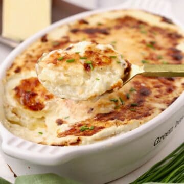 A large spoonful of parmesan potatoes au gratin over a white gratin dish.