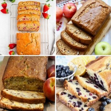 A collage of 4 quick breads including apple and blueberry.