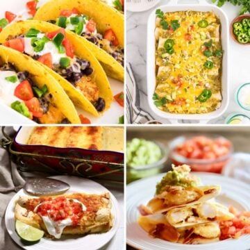 Four Mexican dishes, including tacos and enchiladas.
