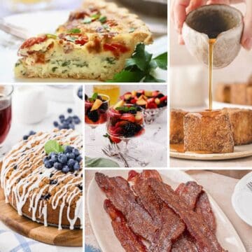 A collage of Mother's Day Brunch dishes including coffee cake, and quiche.