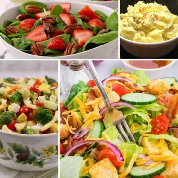 A collection of four salads including tossed salad, potato salad and spinach salad.