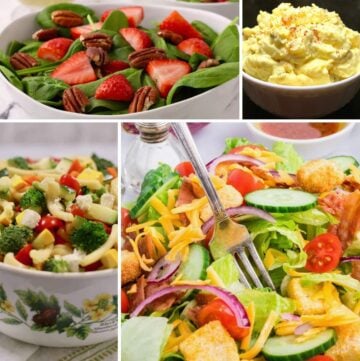 A collection of four salads including tossed salad, potato salad and spinach salad.