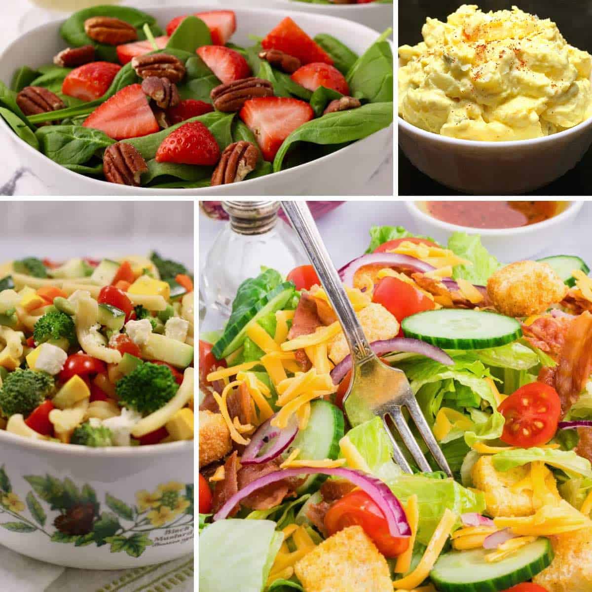 A collection of four salads including tossed salad, potato salad and spinach salad. 