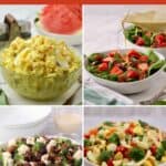 A collage of spring salads including potato salad, spinach salad, and a veggie pasta salad, plus text.