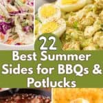 A collage of cookout side dishes include potato salad, mac & cheese, baked beans, and coleslaw.